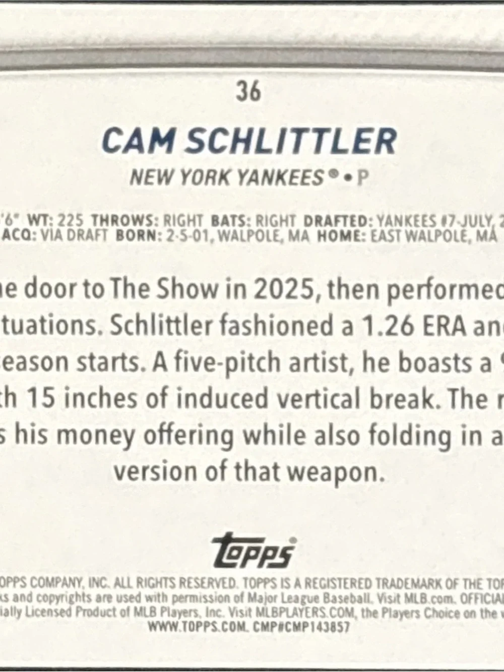 Topps New York Yankees Rookie Baseball Card - Cam Schlittler